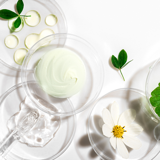 Cosmetic products with green leaves and a white flower on a light background