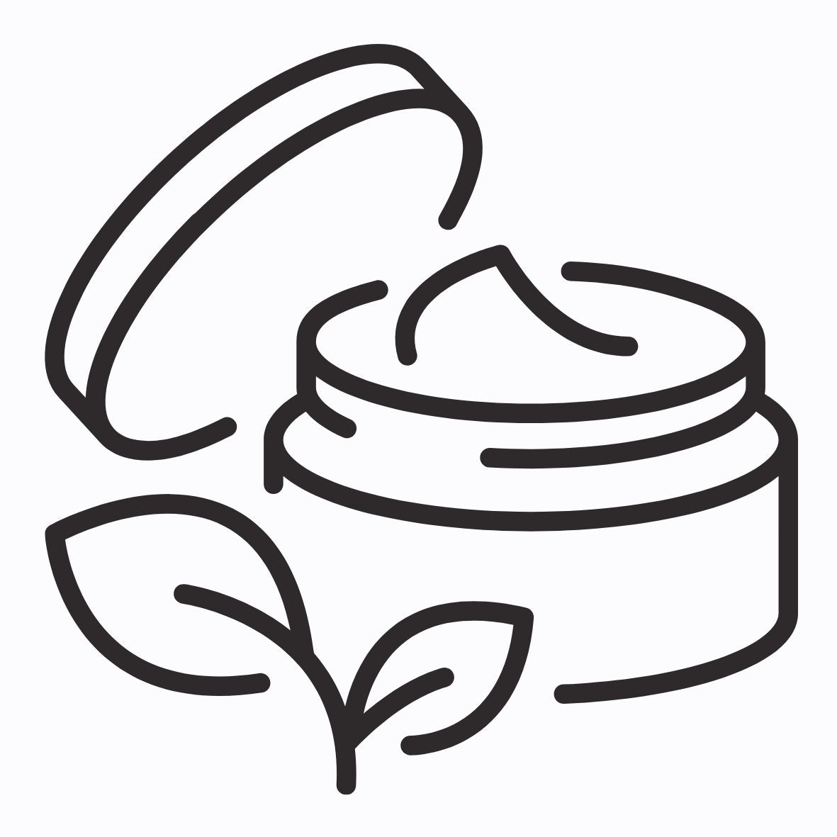 Outline of a jar of cream with leaves, symbolizing natural skincare.