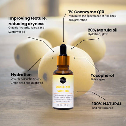 Facial oil dropper with ingredients labeled on a wooden surface