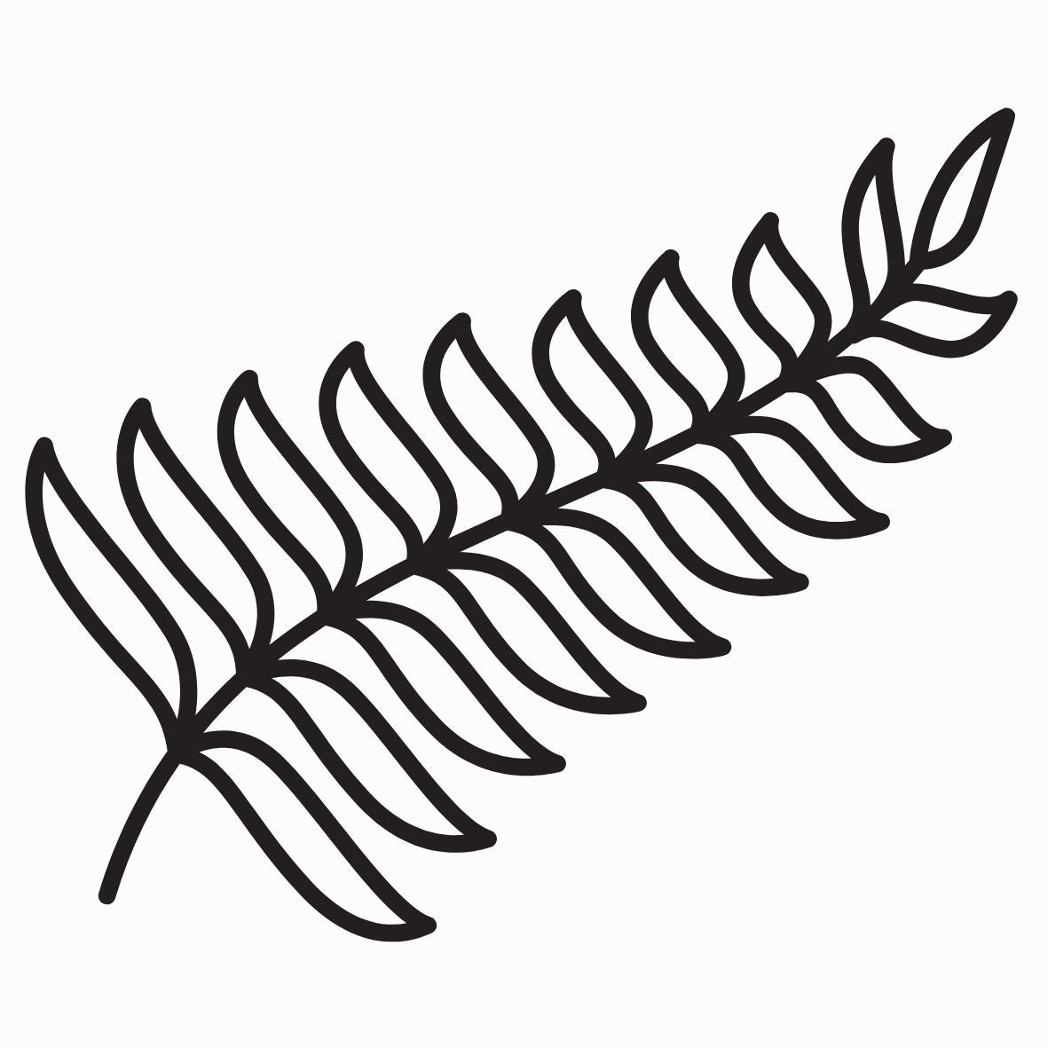 Black line drawing of a leaf on a white background