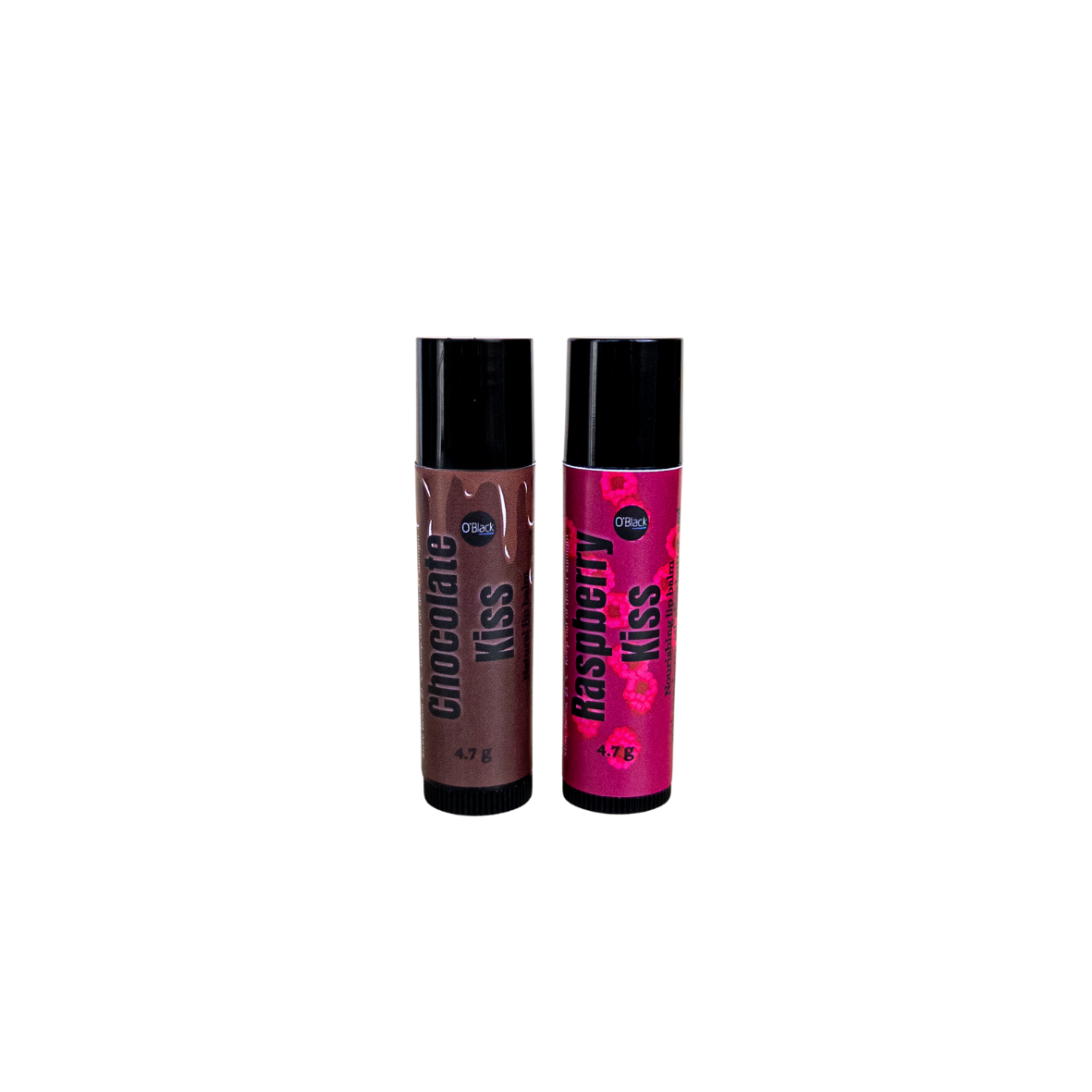 Two lip gloss bottles, one chocolate and one raspberry, on a white background
