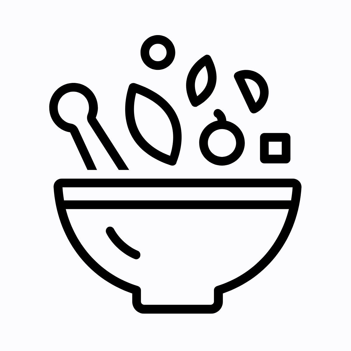 Icon of a bowl with chopsticks and leaves on a white background