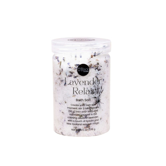 Bottle of O'Black Lavender Relax Bath Salt on a white background